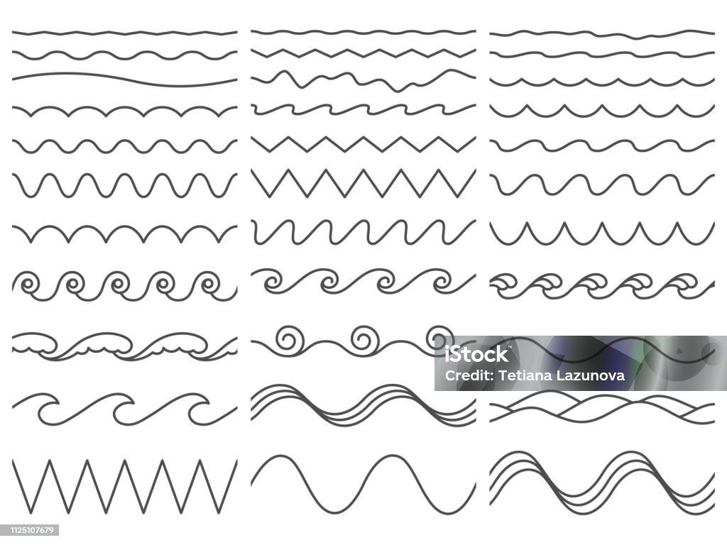 Wavy lines. Wiggly border, curved sea wave and seamless billowing ocean waves vector illustration set Wavy lines. Wiggly border, curved sea wave and seamless billowing ocean waves. Wiggle parallel waves, squiggle horizontal wave border. Vector illustration isolated icons set Single Line stock vector