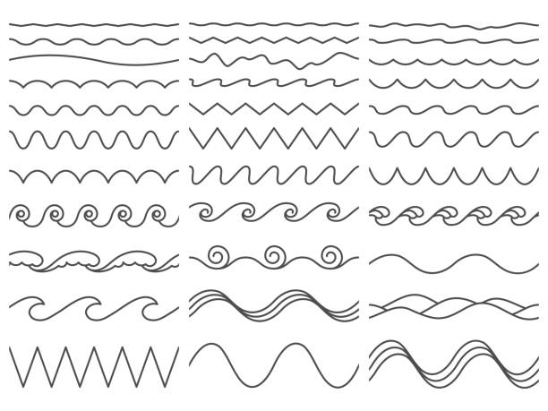 Wavy lines. Wiggly border, curved sea wave and seamless billowing ocean waves vector illustration set Wavy lines. Wiggly border, curved sea wave and seamless billowing ocean waves. Wiggle parallel waves, squiggle horizontal wave border. Vector illustration isolated icons set s shape stock illustrations