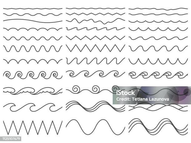 Wavy Lines Wiggly Border Curved Sea Wave And Seamless Billowing Ocean Waves Vector Illustration Set Stock Illustration - Download Image Now