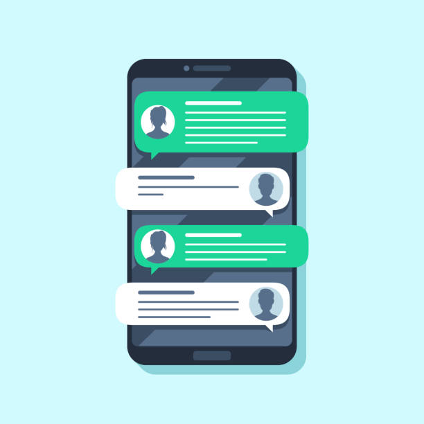Mobile sms notifications. Hand texting message on smartphone, people chatting. Conversion flat vector illustration Mobile sms notifications. Hand texting message on smartphone, people chatting. Conversion messaging text, talking chat or sms mailing bubble. Conversation flat vector illustration twitter stock illustrations