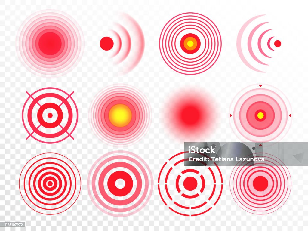 Cerchi di dolore. Punto bersaglio doloroso rosso, prendendo di mira il cerchio del rimedio farmacologico e le macchie di dolore articolare set vettoriale isolato - arte vettoriale royalty-free di Dolore fisico