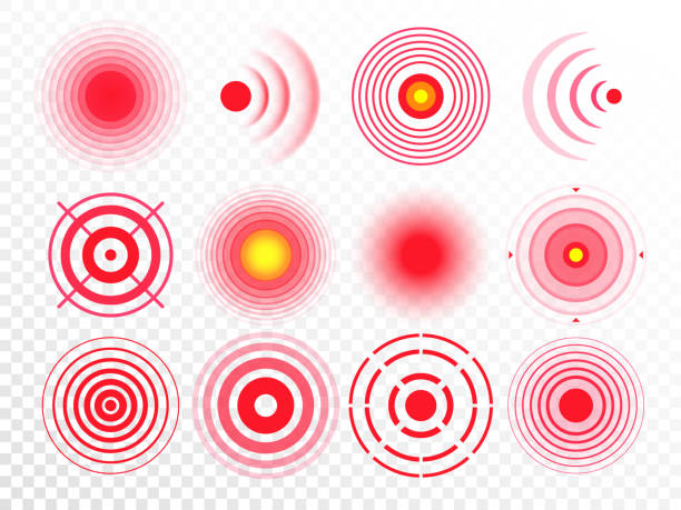 Pain circles. Red painful target spot, targeting medication remedy circle and joint pain spots isolated vector set Pain circles. Red painful target spot, targeting medication remedy circle and joint pain spots. Muscle pain, painful headaches or health healing sound wave isolated vector icons set pain symbols stock illustrations