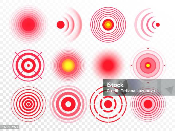 Pain Circles Red Painful Target Spot Targeting Medication Remedy Circle And Joint Pain Spots Isolated Vector Set Stock Illustration - Download Image Now