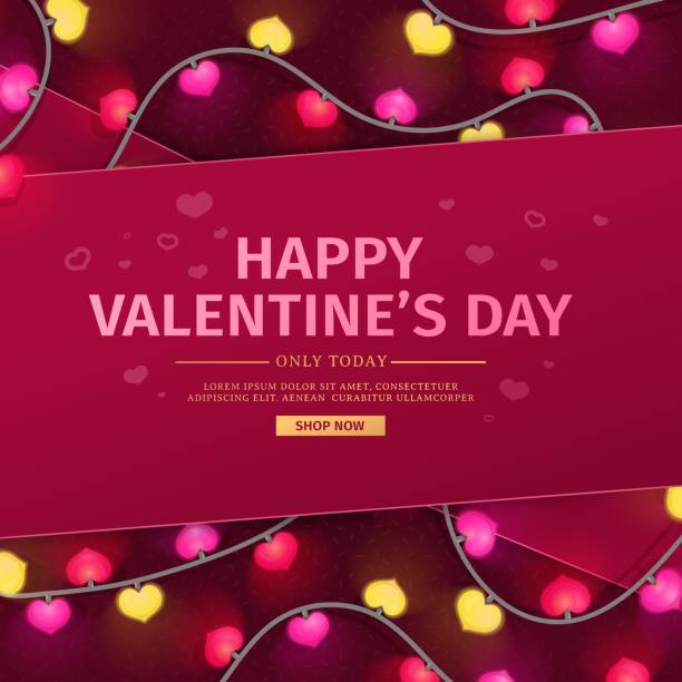 istock Template design banner tape for Valentine's day offer. Red background with decor neon heart shape garland and  swirl elements for Happy Valentine's day sale. Romantic promotion card and flyer. Vector 1125108922