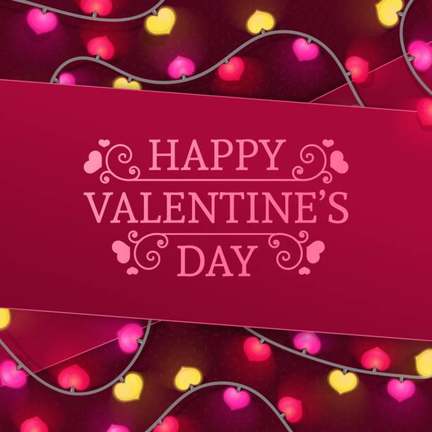 istock Template design banner tape for Valentine's day offer. Red background with decor neon heart shape garland and  swirl elements for Happy Valentine's day sale. Romantic promotion card and flyer. Vector 1125109450