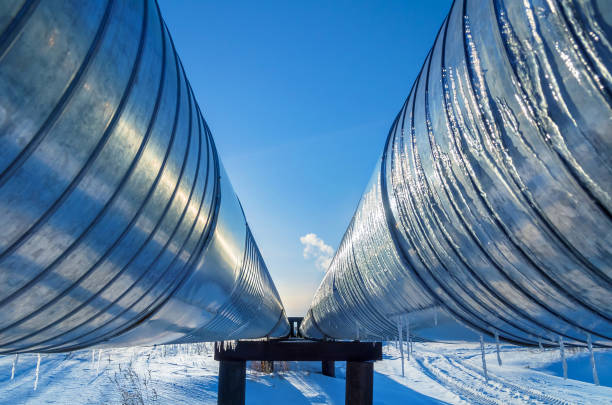 winterlandschaft mit pipeline - pipeline gas pipe pipe natural gas stock-fotos und bilder