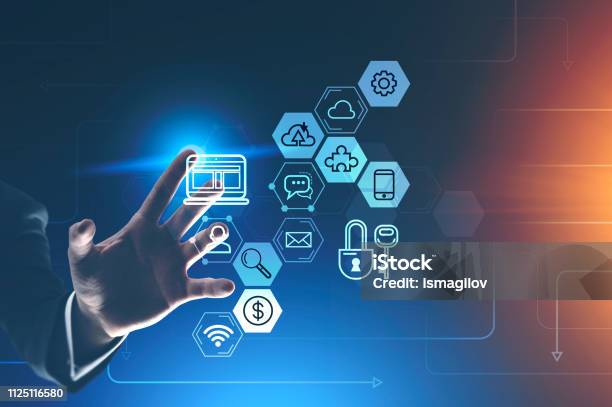 Man Computer Interface Man Using Computer Interface Stock Photo - Download Image Now - Adult ...