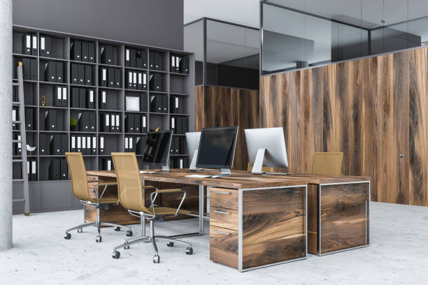 istock Gray office corner with doors 1125118135