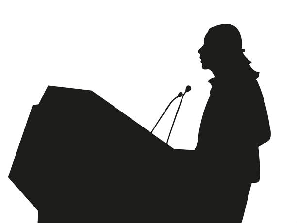 ilustrações de stock, clip art, desenhos animados e ícones de girl making speech, silouette vector - press conference public speaker politician speech