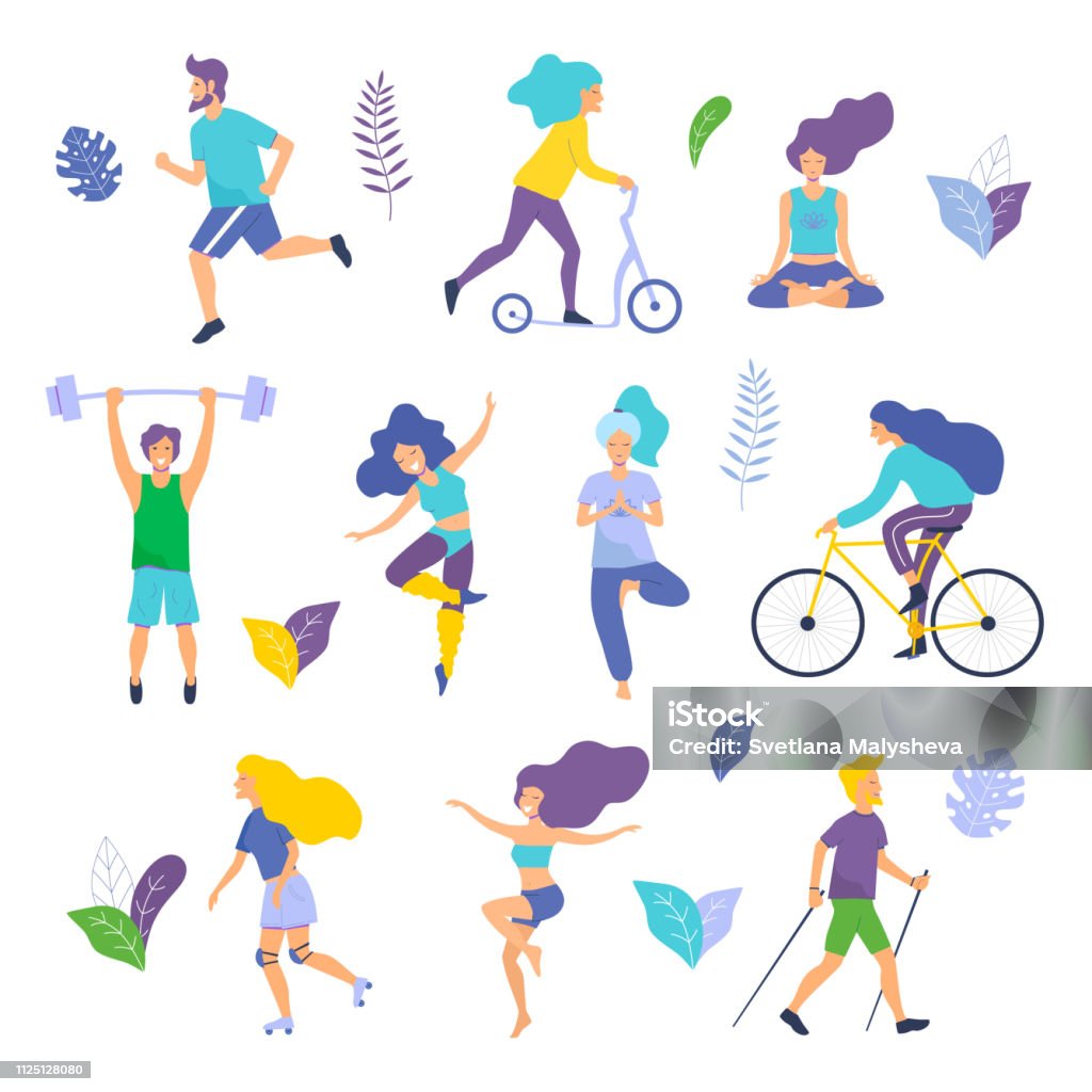 Healthy lifestyle. Different physical activities: running, roller skates, dancing, bodybuilding, yoga, fitness, scooter, nordic walking. Flat vector illustration. Exercising stock vector