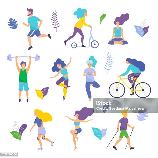 Healthy Lifestyle Different Physical Activities Running Roller Skates Dancing Bodybuilding Yoga Fitness Scooter Nordic Walking Stock Illustration - Download Image Now