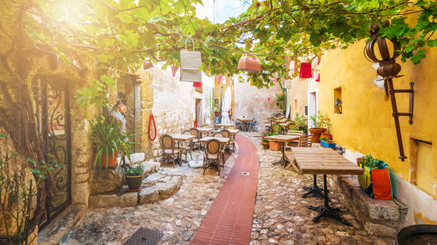 Street in medieval Eze village at french Riviera coast Street in medieval Eze village at french Riviera coast, Cote d'Azur, France french riviera photos stock pictures, royalty-free photos & images
