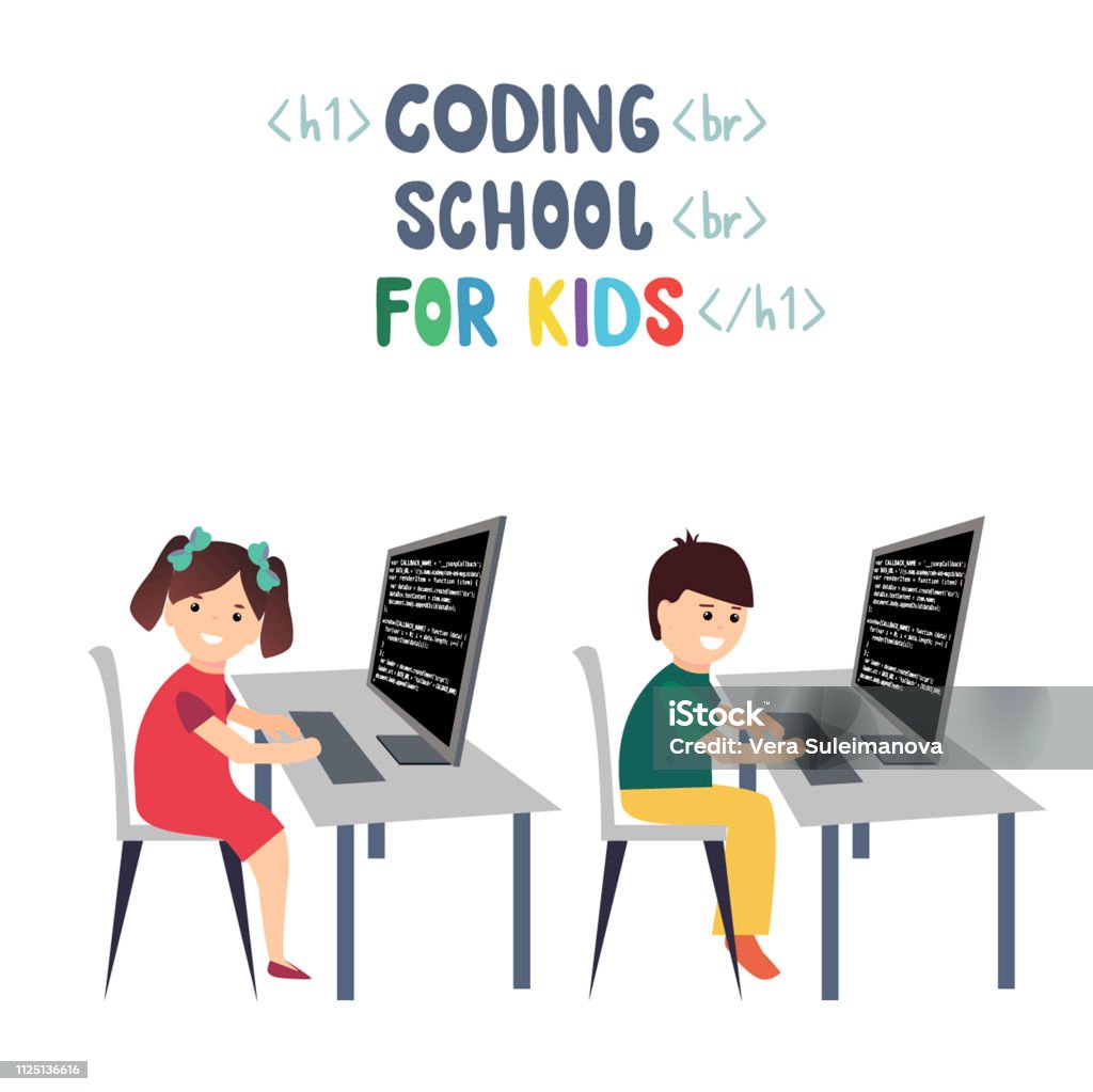 Vetores de Os Estudos De Menino E Menina Codificação No Computador ...