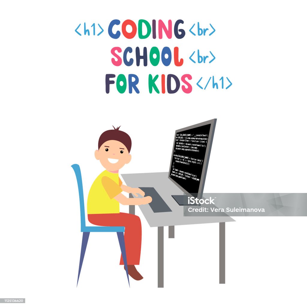 The Boy Studies Coding At The Computer Programming Code Is Written On ...