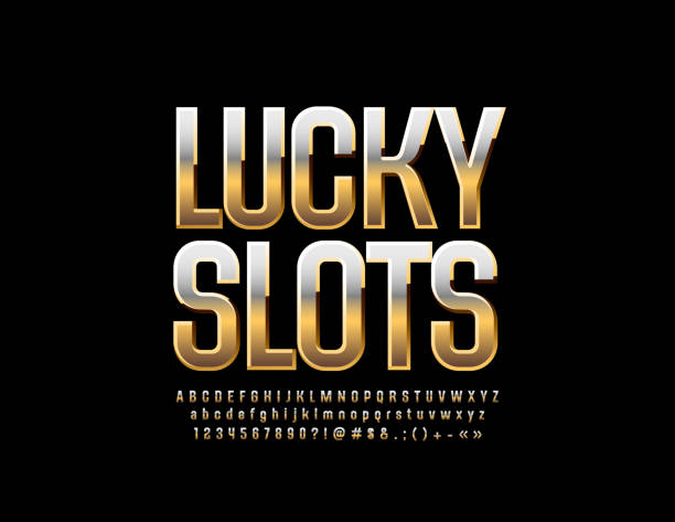 Vector Casino sign Lucky Slots. Luxury Golden Alphabet Letters, Numbers and Symbols Metallic gradient Font. gold metal icons stock illustrations