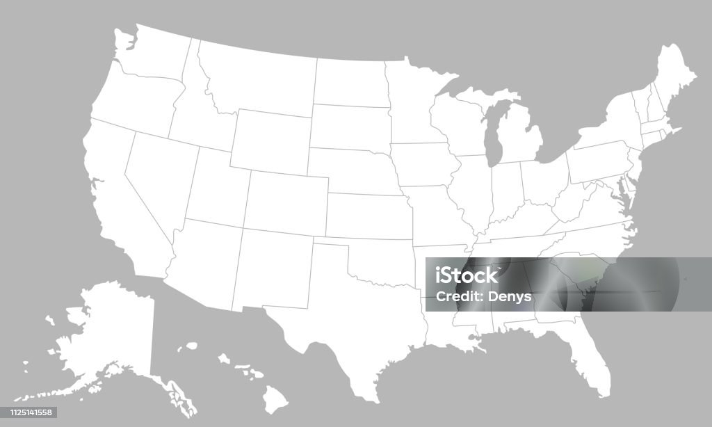 Mapa en blanco de Estados Unidos de América con Estados aislados sobre fondo blanco. Fondo de mapa de Estados Unidos. Ilustración de vector - arte vectorial de Mapa libre de derechos