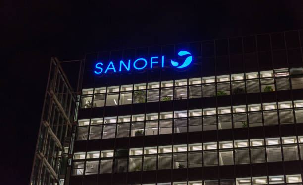 Night Sanofi office building in Berlin, Germany. stock photo