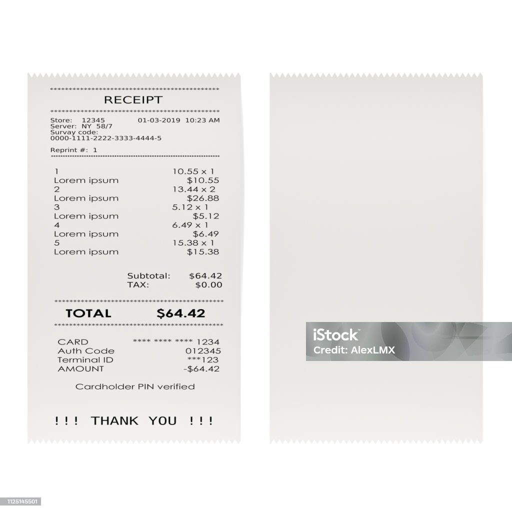 Printed receipts, bills. 3D rendering isolated on white background Receipt Stock Photo