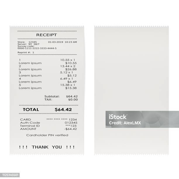 Printed Receipts Bills 3d Rendering Isolated On White Background Stock Photo - Download Image Now