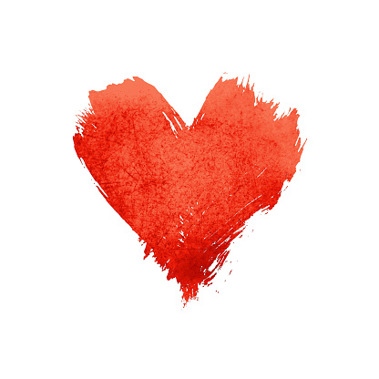 Red vivid watercolor painted heart with brushstroke grunge shape and paintbrush texture isolated on white background