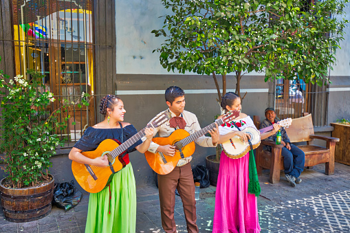 Guadalajara, Tlaquepaque, Mexico-20 April, 2018: Tlaquepaque streets artist entertaining tourists and visitors to an historic city center