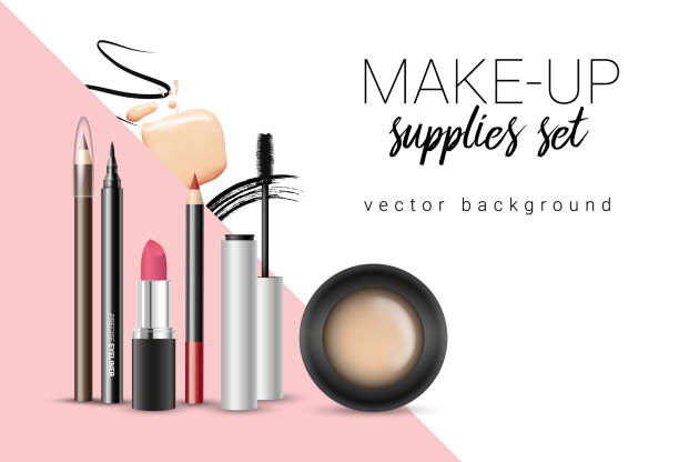 미용 용�품 및 얼룩 얼룩 텍스트 위한 공간 벡터 메이크업 테마 포스터 템플릿 - eyeshadow lipstick cosmetics beauty spa stock illustrations