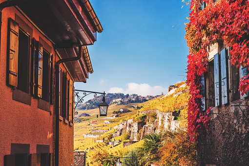 Small streets of swiss medieval village Saint-Saphorin, Lavaux vineyards