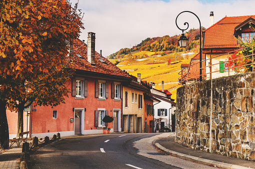 Small streets of swiss medieval village Saint-Saphorin, Lavaux vineyards
