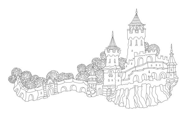 ilustraciones, imágenes clip art, dibujos animados e iconos de stock de paisaje de fantasía de contorno contorneada de vector, árboles, castillo medieval de pequeño pueblo de cuento de hadas en la colina. imprimir blanco y negro t shirt, ilustración del folleto, página de libro de colorear de adultos - town of gray