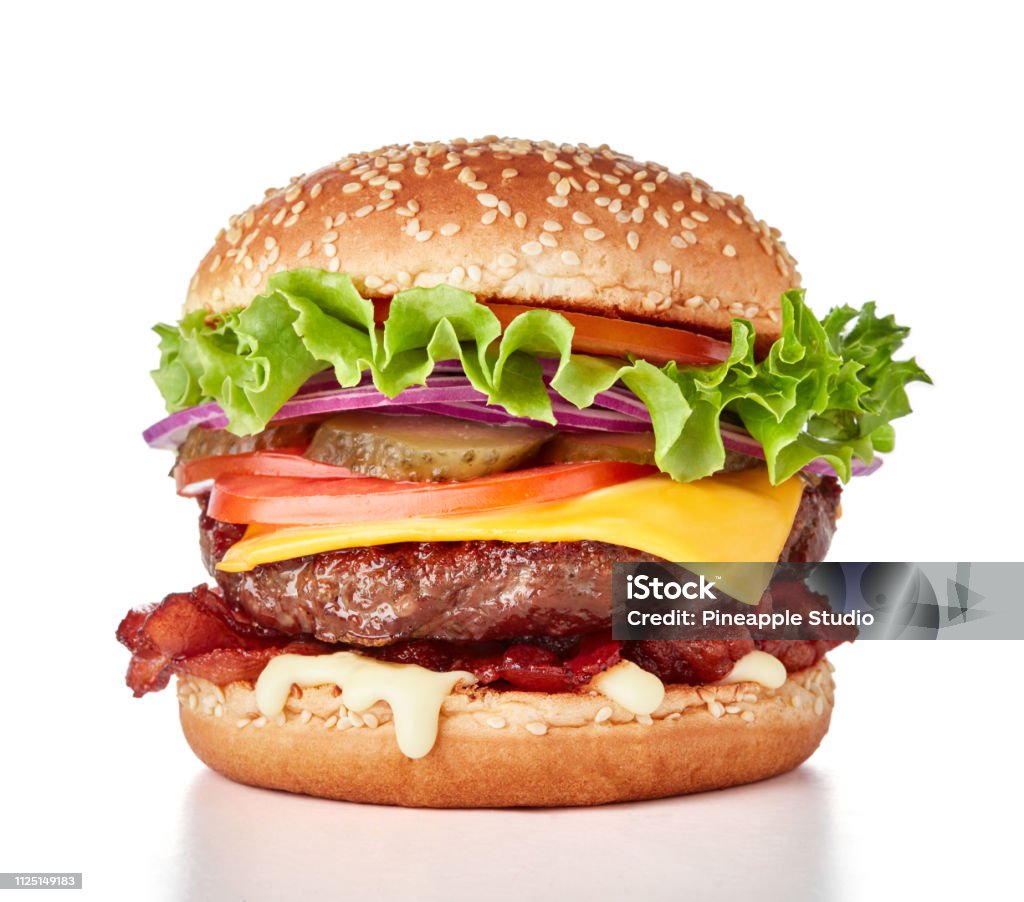 fresh burger isolated single fresh burger with cheese and bacon isolated on white background Burger Stock Photo