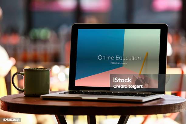Elearning Computer Screen Laptop With Elearning Screen On A Desk Stock Photo - Download Image Now ...
