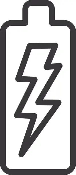 Vector illustration of Battery with lightning bolt  charge indicator Flat Simple outline line art design Icon