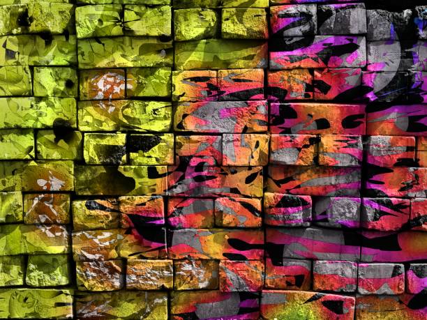 Colorful surreal world. Virtual graffiti. Abstract image, drawn on a photo of a brick wall. stock photo