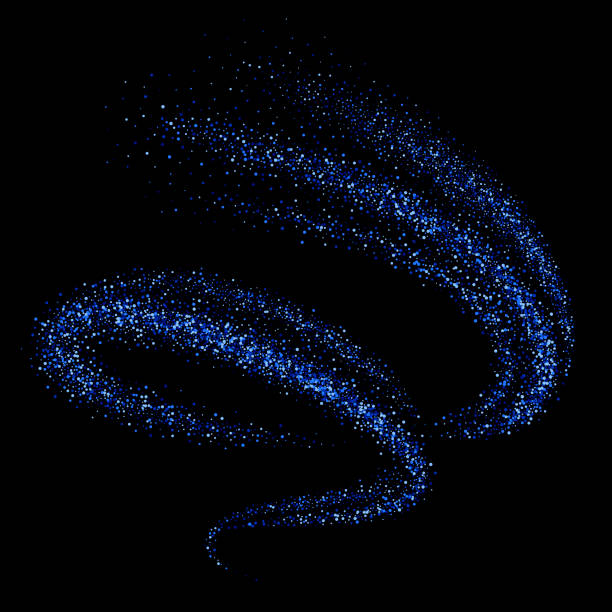 Blue shimmering swirl, vortex or spiral. Glittering dynamic star dust trail Blue shimmering swirl, vortex or spiral. Isolated abstract motion on black background. Glittering star dust trail. Magic sparkling lines paranormal stock illustrations