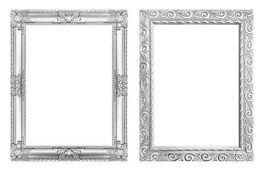 Set 2 - Antique silver frame isolated on white background, clipping path.