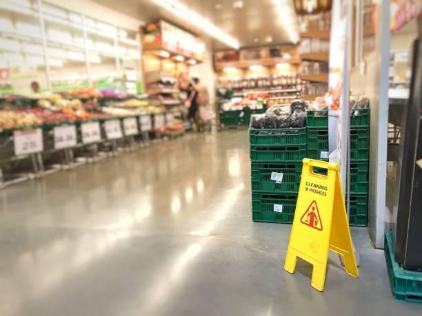 Warning signs for cleaning in shopping malls stock photo