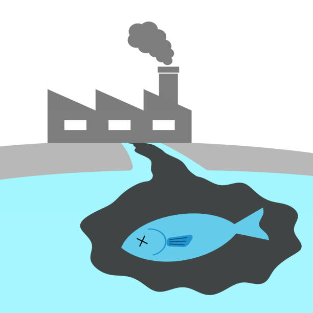 Water pollution Mercury leaks from a factory out. fish dead animal dead body death stock illustrations