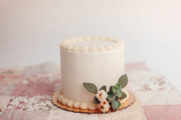 istock Simple White Buttercream Cake on Pink Floral Quilt 1125207902