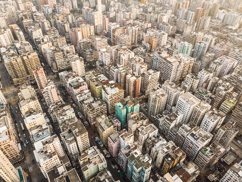 Aerial view of the very densely populated Sham Shui Po district in Kowloon in Hong Kong SAR in China