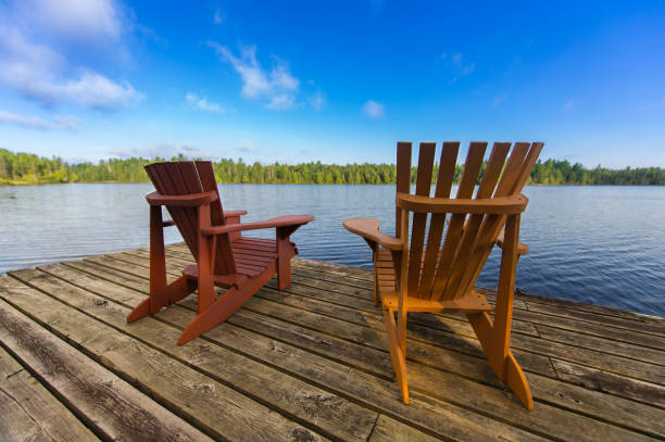istock Two Muskoka chairs sitting on a wood dock 1125219558