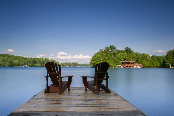 istock Two Adirondack chairs sit on a wooden dock facing a calm lake 1125219590