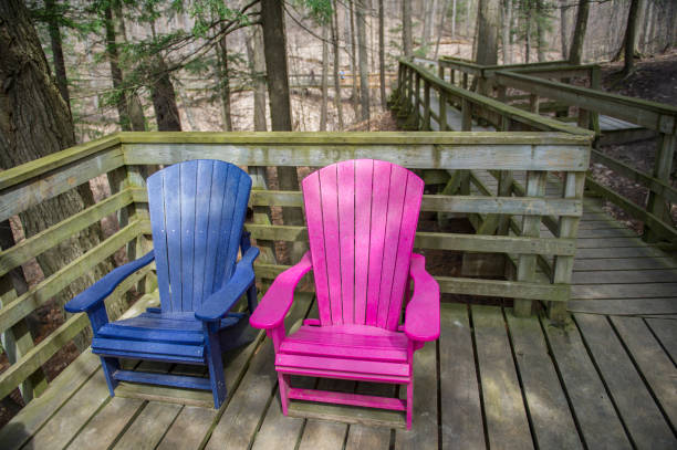 istock Two Adirondack chairs along a wooden trail path 1125219845
