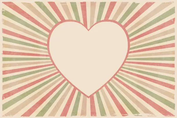 Vector illustration of Vector illustration of a big heart background  with beige fill and red outline, and grungy multi colored sunburst all around