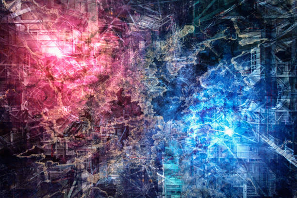 Psychedelic background with red and blue nebula as a hot and cold substance and it's fights, on an alien technology construction background. Collage. Elements of this image furnished by NASA.