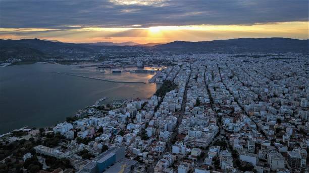 Volos paralia sunset Flying my drone from goritsa paralia stock pictures, royalty-free photos & images