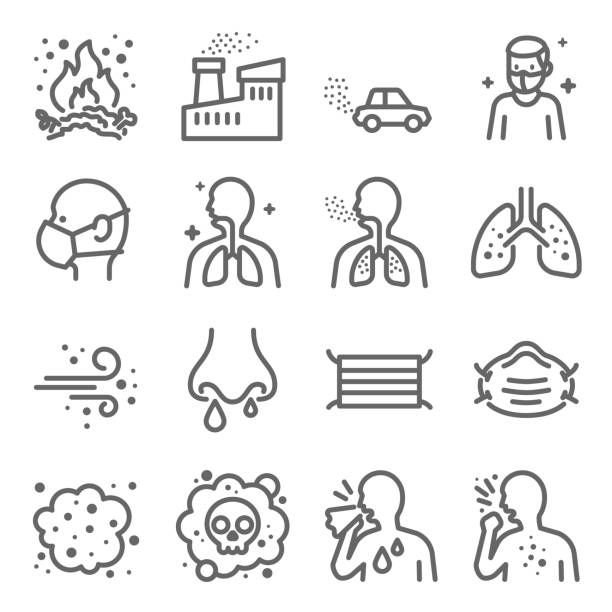 먼지 오염 벡터 선 아이콘 세트입니다. 폐, 공장, 먼지 마스크, 먼지 공기 등과 같은 아이콘을 포함합니다. 확장 된 선 - coughing virus bacterium sneezing stock illustrations