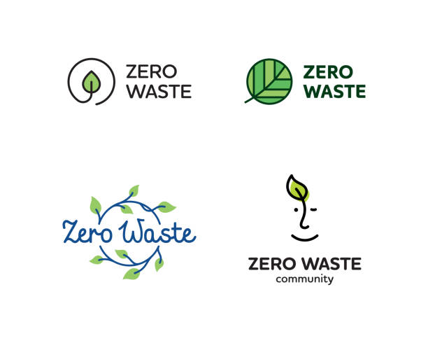 Vector Zero Waste Logo Design Set Vector Zero Waste logo template set. Linear eco icon labels with leaves. Color emblem illustrations of  Refuse Reduce Reuse Recycle Rot. No Plastic and Go Green symbol concept with circle and plant leaf logo stock illustrations