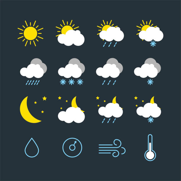 ilustrações, clipart, desenhos animados e ícones de conjunto de ilustração vetorial de ícones do tempo moderno - weather symbol sun meteorology