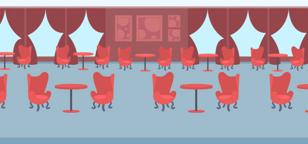 modern restaurant interior design empty no people banqueting luxury wedding hall with red round tables surrounded by chairs flat horizontal banner modern restaurant interior design empty no people banqueting luxury wedding hall with red round tables surrounded by chairs flat horizontal banner vector illustration banquet chairs stock illustrations