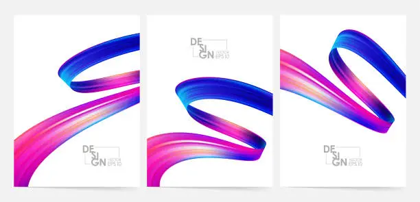 Vector illustration of Vector illustration: Set of three blank poster with 3d twisted colorful flow liquid shape. Acrylic paint design